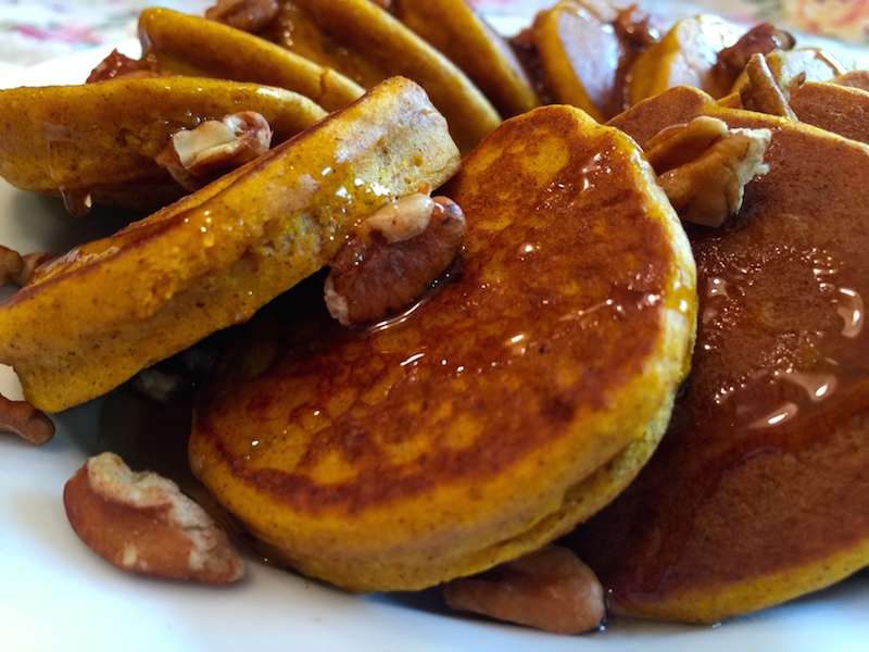 Pumpkin Pancakes with Syrup and Pecans